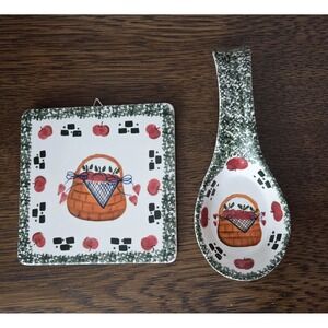 Vintage Crazy Mountain Ceramic Tile Trivet‎ & Spoon Rest Set Basket of Apples